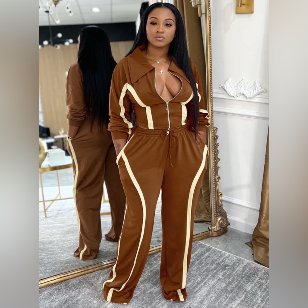 Retro collar jacket and fitted wide leg jogger pants (brown)